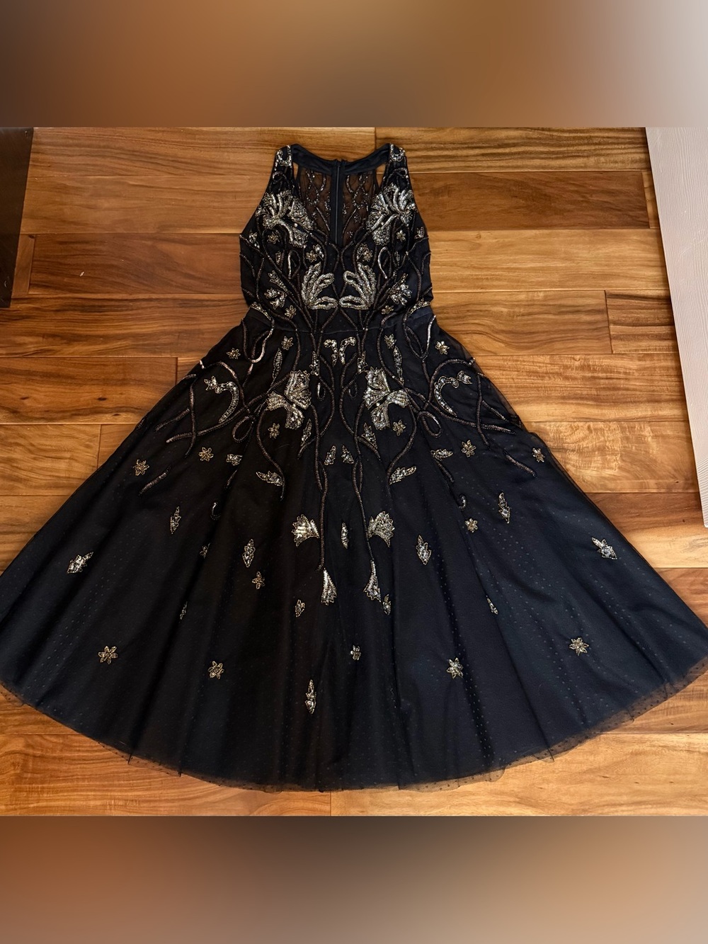 Aidan Mattox Black Tulle CocktailDress with Silver, Gold Embellishment, Beads